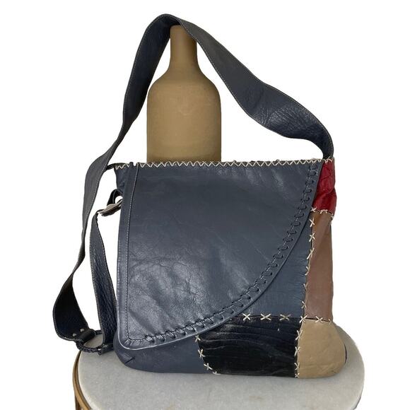 VTG Boho Messenger Bag Multicolor Patchwork Leather Gray Blue Hippie Festival - Picture 1 of 16
